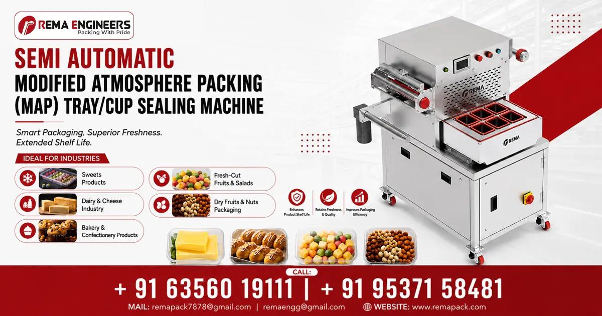 Semi-Automatic Modified Atmosphere Packing Tray and Cup Sealing Machine In Canada | Rema Engineers